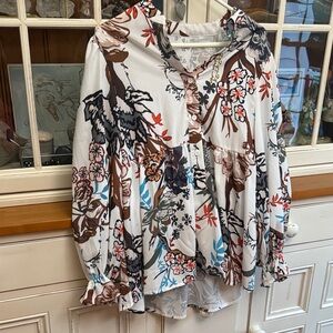 Floral Blouse - White, Brown, and Blue